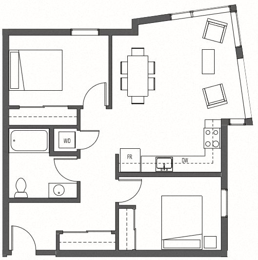 Floor plan for 2 beds, 1 bath, 811 sqft